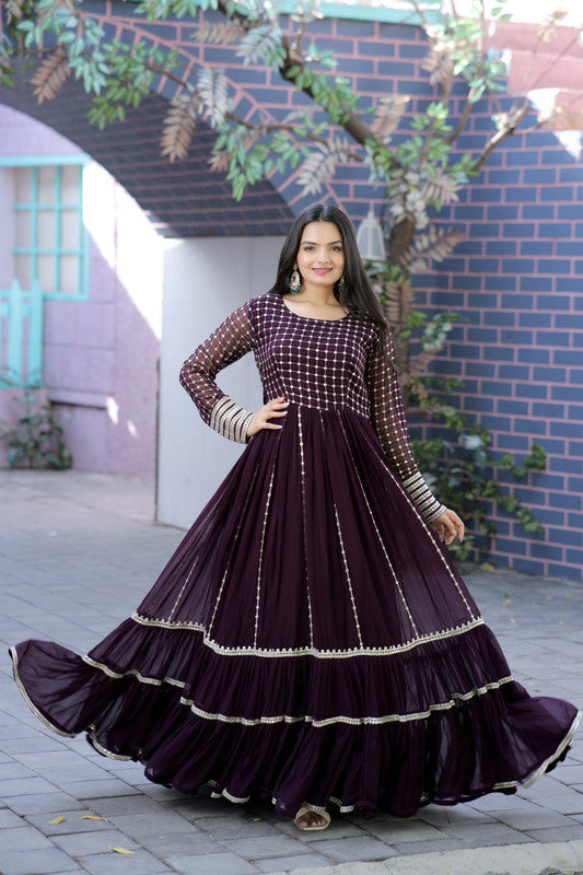 Women's Wine Faux Blooming Sequins With Zari Embroidered Anarkali Dress - Jyoti Fashion