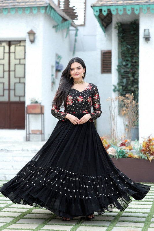 Women's Black Faux Blooming Sequins With Multi Thread Embroidered Anarkali Dress - Jyoti Fashion