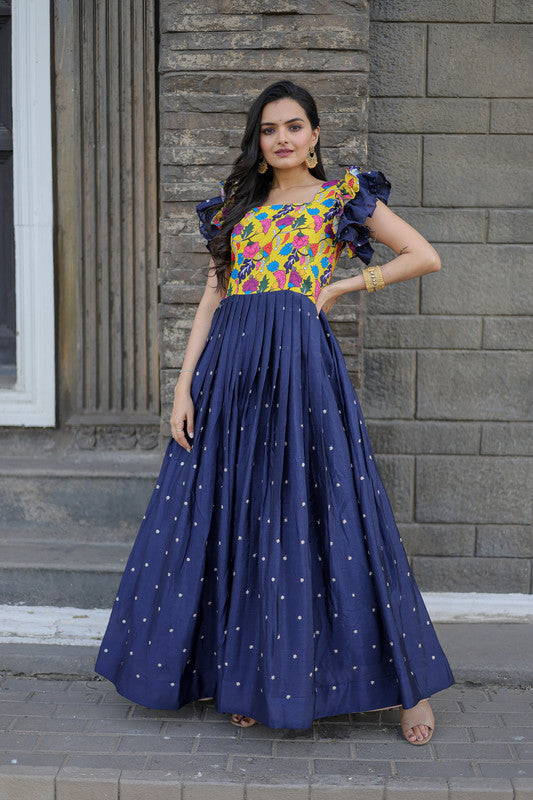 Women's Blue Maslin With Chinon Embroidered Partwear Anarkali Dress - Jyoti Fashion