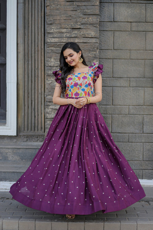 Women's Wine Maslin With Chinon Embroidered Partwear Anarkali Dress - Jyoti Fashion