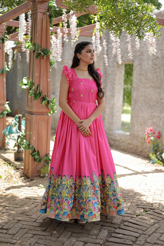 Women's Pink Dola Silk Printed Festive Designer Anarkali Dress - Jyoti Fashion