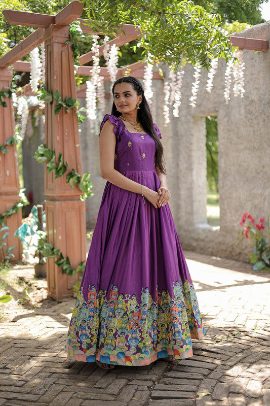 Women's Wine Dola Silk Printed Festive Designer Anarkali Dress - Jyoti Fashion