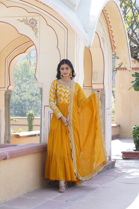 Women's Yellow Faux Blooming Jacquard With Sequins Embroidered Anarkali Dress With Dupatta - Jyoti Fashion