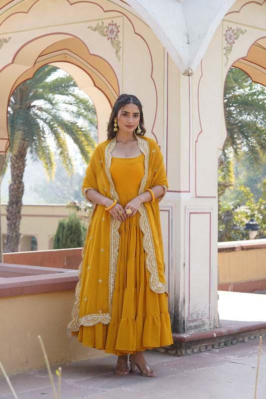 Women's Yellow Faux Georgette Frill Work Partywear Anarkali Dress With Dupatta - Jyoti Fashion