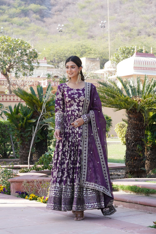 Women's Wine Viscose Jacquard With Sequins Embroidered Anarkali Dress With Dupatta - Jyoti Fashion