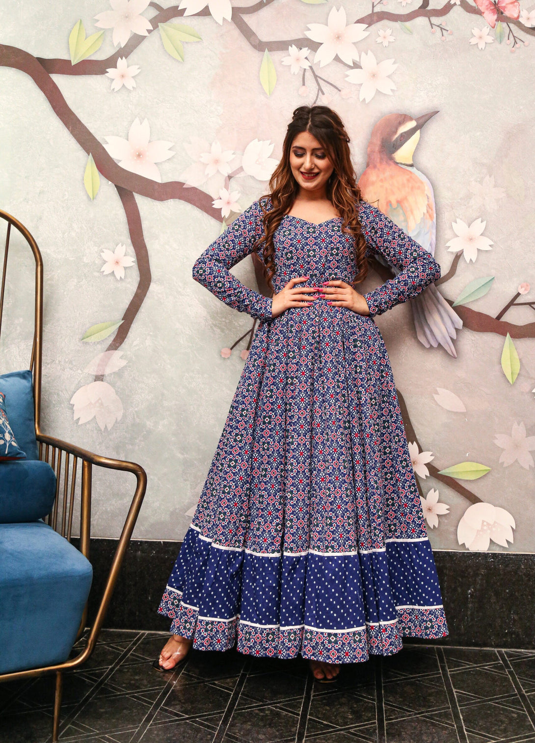 Women's Navy Blue Heavy Digital Printed Cotton Silk Anarkali Dress - Jyoti Fashion