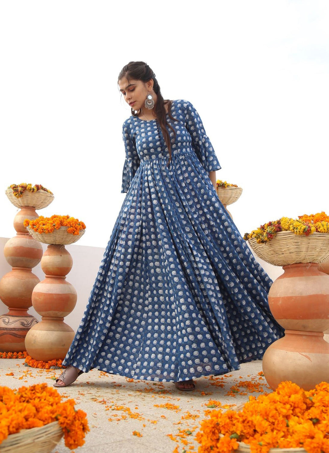 Women's Blue Heavy Digital Printed Cotton Silk Anarkali Dress - Jyoti Fashion