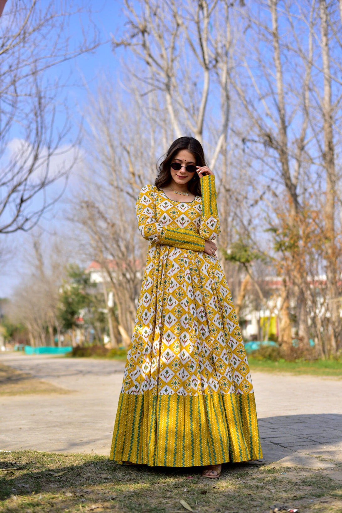 Women's Mustard Heavy Digital Printed Cotton Silk Anarkali Dress - Jyoti Fashion