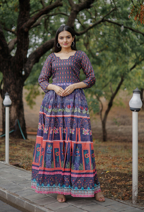 Women's Purple Heavy Digital Printed Pure Chanderi Anarkali Dress - Jyoti Fashion