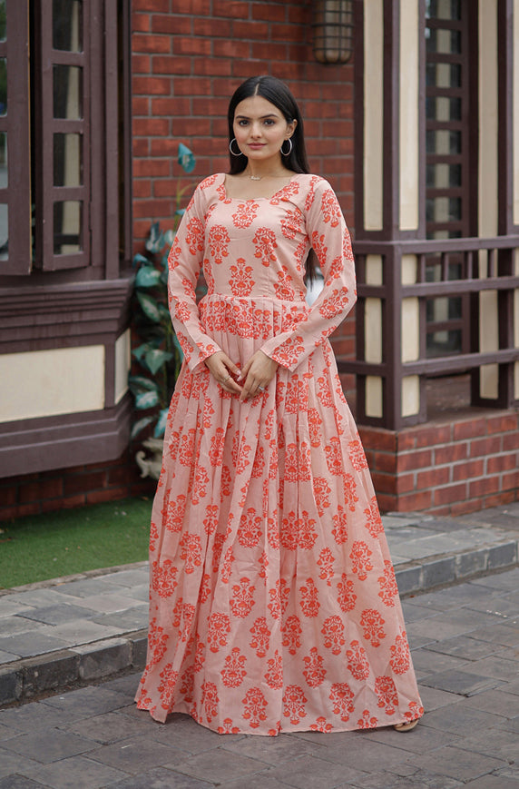 Women's Peach Heavy Digital Printed Pure Chanderi Anarkali Dress - Jyoti Fashion