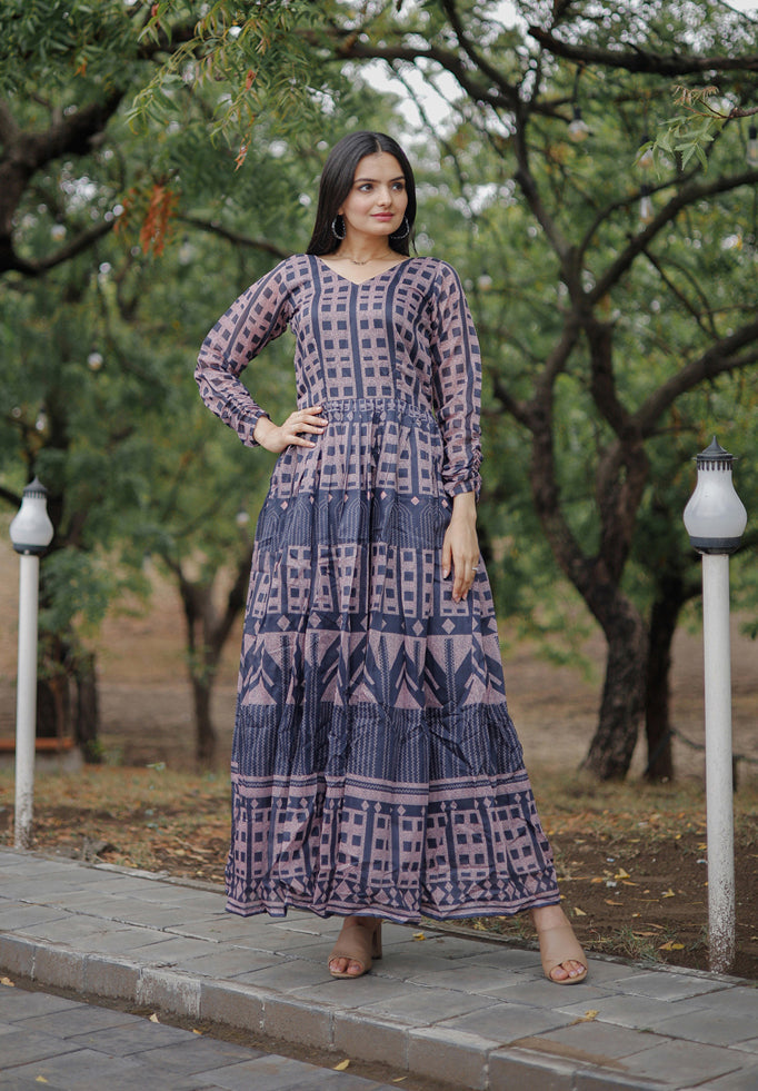 Women's Navy Blue Heavy Digital Printed Pure Chanderi Anarkali Dress - Jyoti Fashion