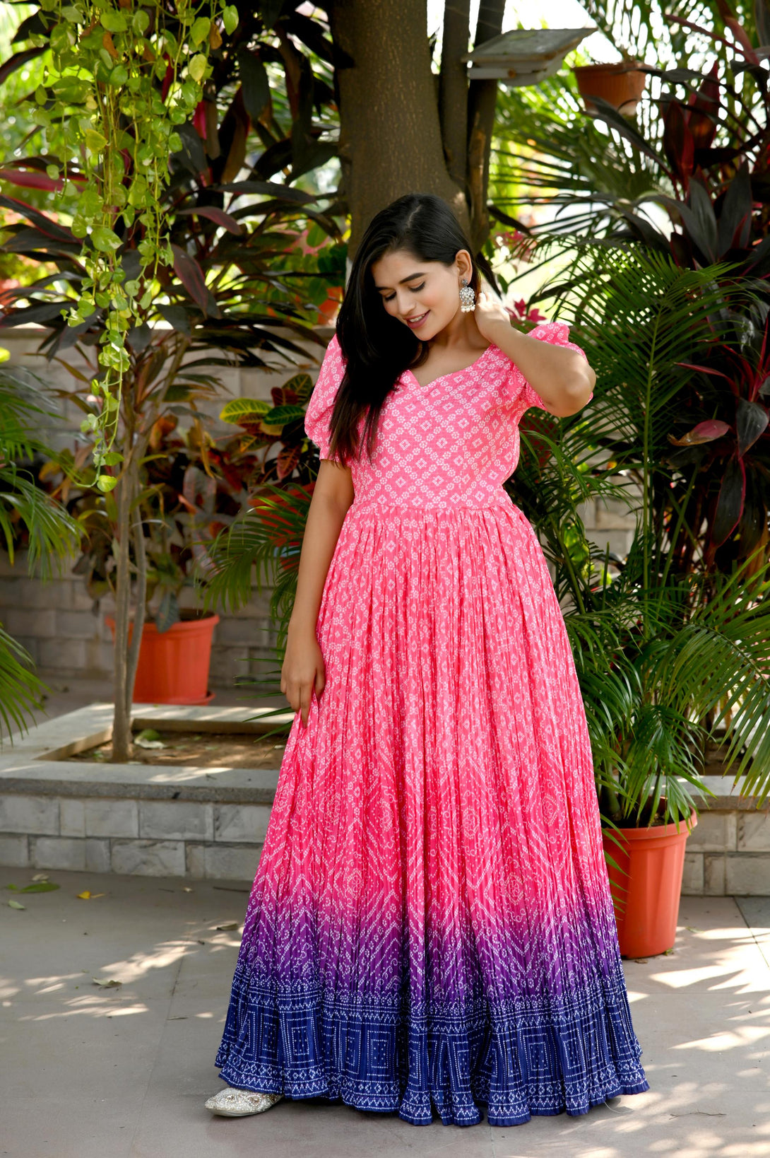 Women's Pink Bandhej Print With Crush Pleating Muslin Anarkali Dress - Jyoti Fashion