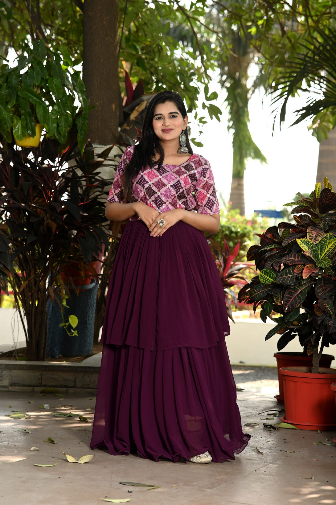 Women's Wine Printed With Sequins Faux Blooming Anarkali Dress - Jyoti Fashion