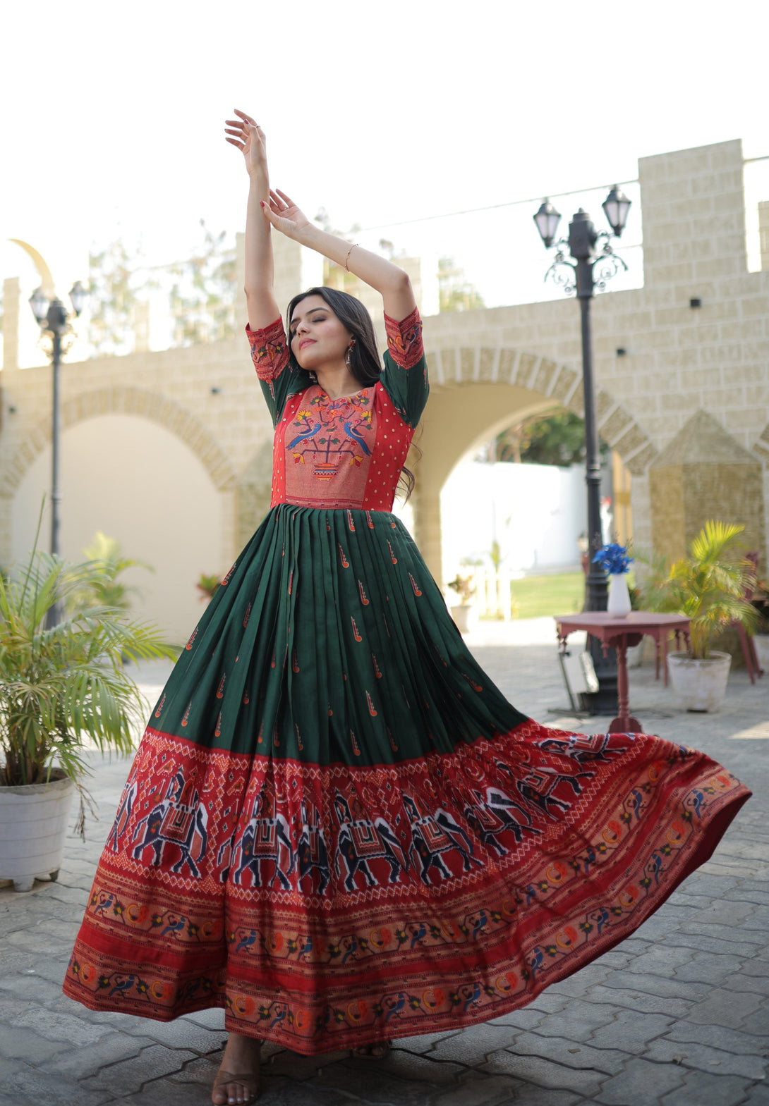 Women's Bottle Green Patola With Foil Print Dola Silk Anarkali Dress - Jyoti Fashion