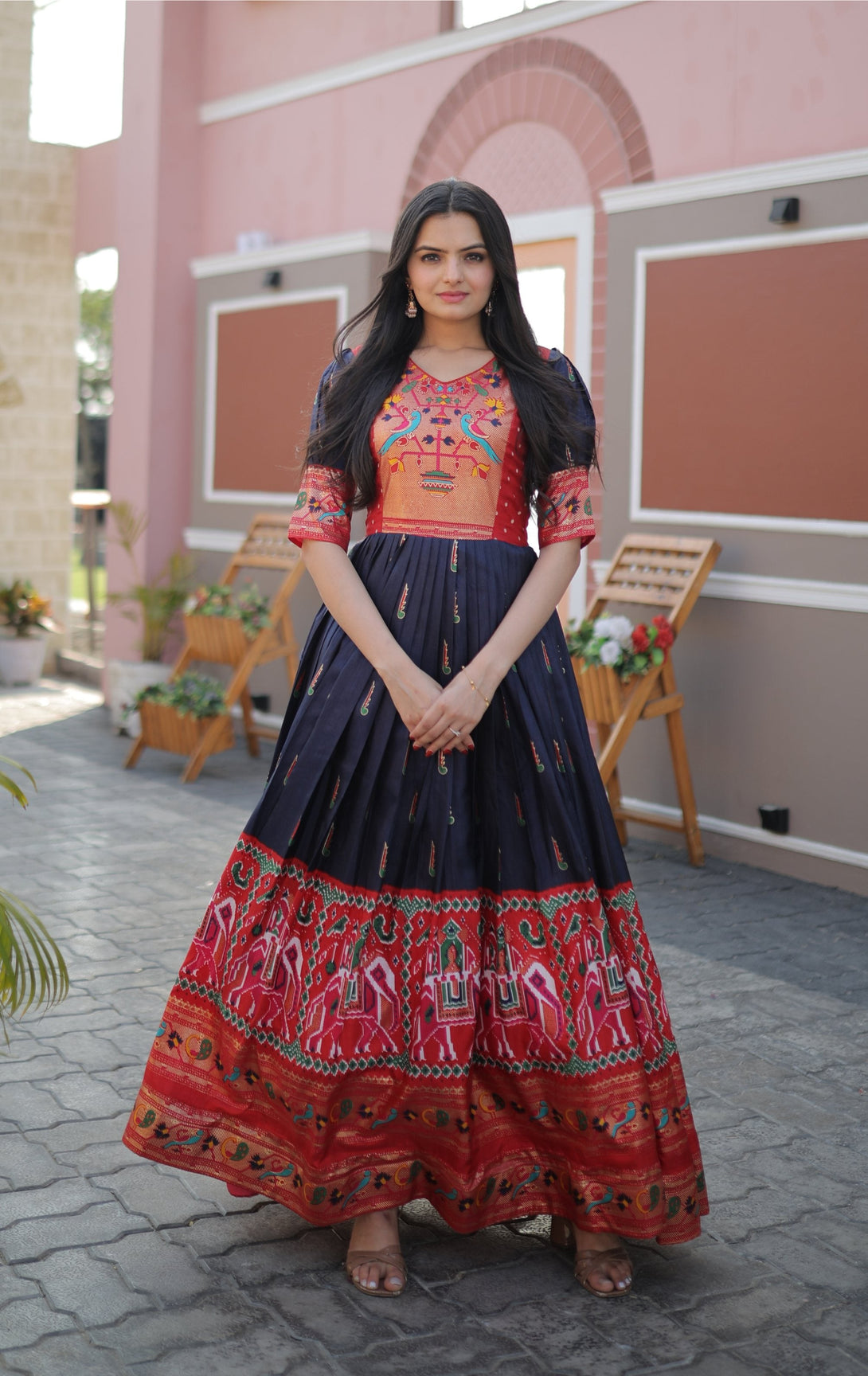 Women's Navy Blue Patola With Foil Print Dola Silk Anarkali Dress - Jyoti Fashion