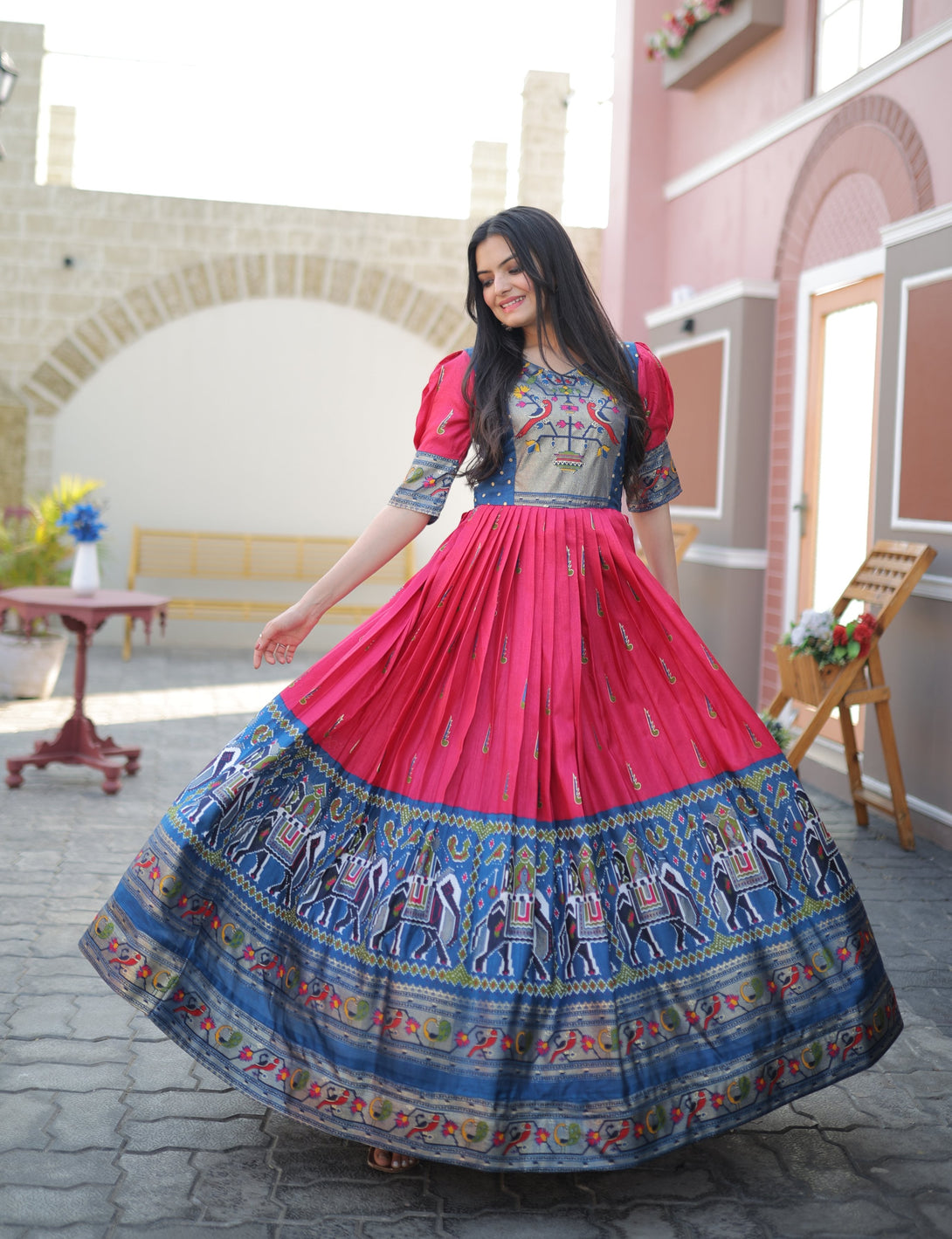 Women's Rani Pink Patola With Foil Print Dola Silk Anarkali Dress - Jyoti Fashion