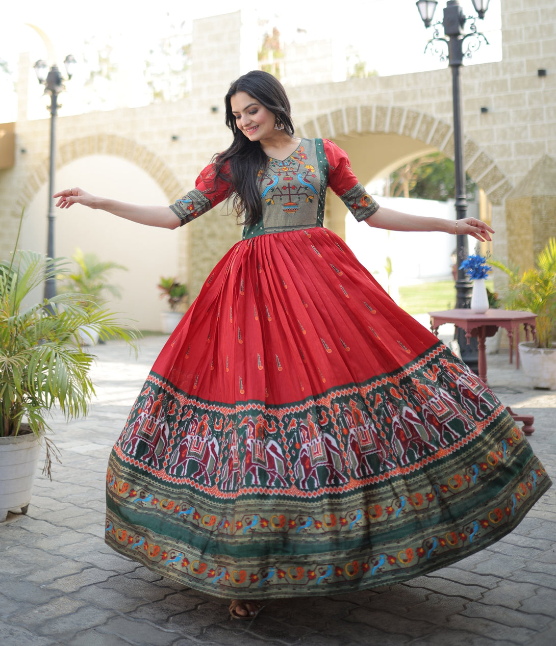 Women's Red Patola With Foil Print Dola Silk Anarkali Dress - Jyoti Fashion