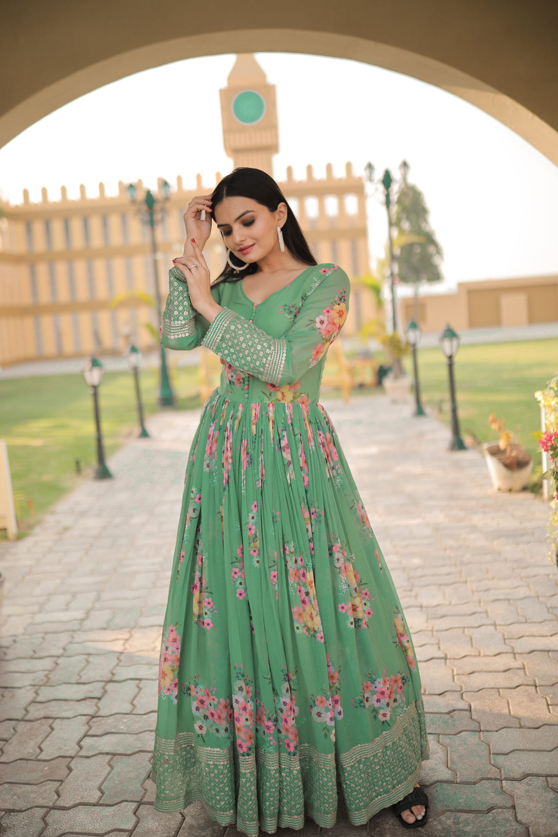 Women's Green Digital Print With Sequence Zari Embroidered Faux Georgette Anarkali Dress - Jyoti Fashion