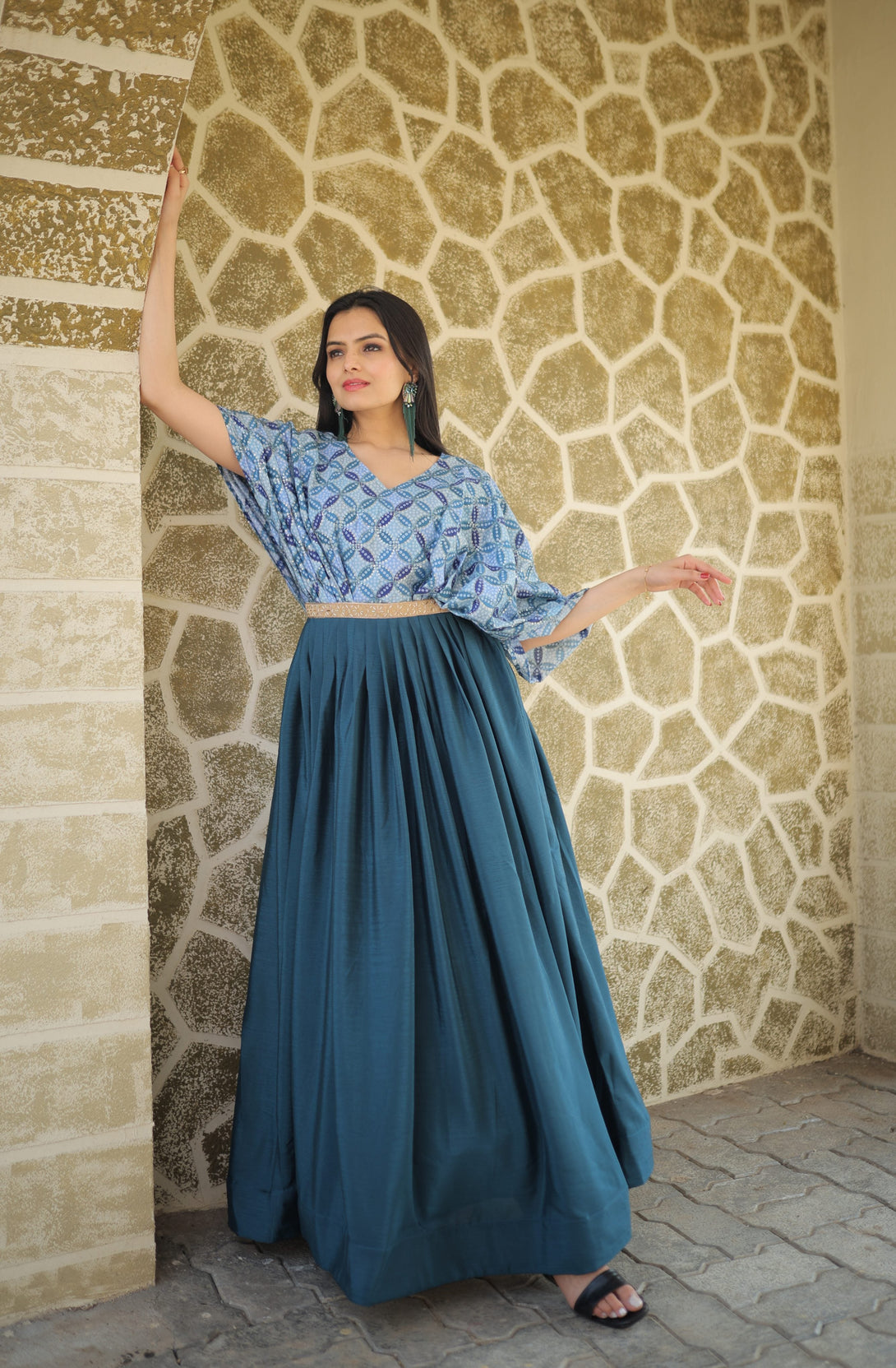 Women's Teal Printed With Sequins Chinon Anarkali Dress - Jyoti Fashion