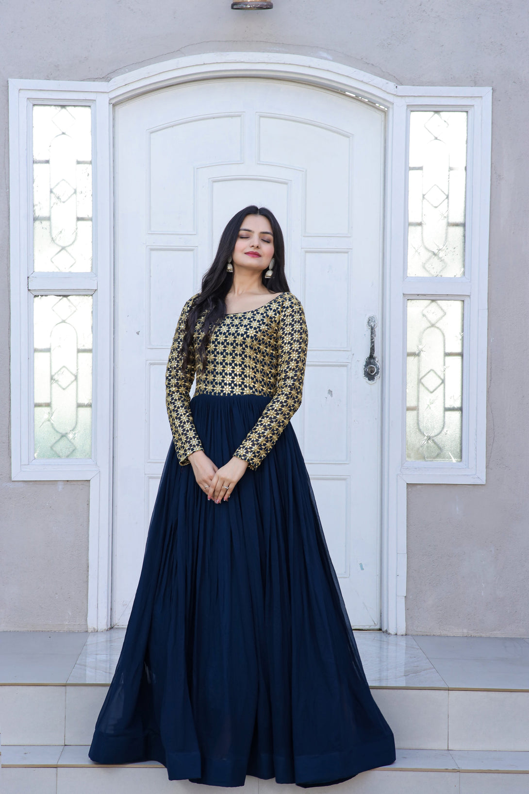 Women's Navy Blue Sequence Zari Embroidered Faux Blooming Anarkali Dress - Jyoti Fashion