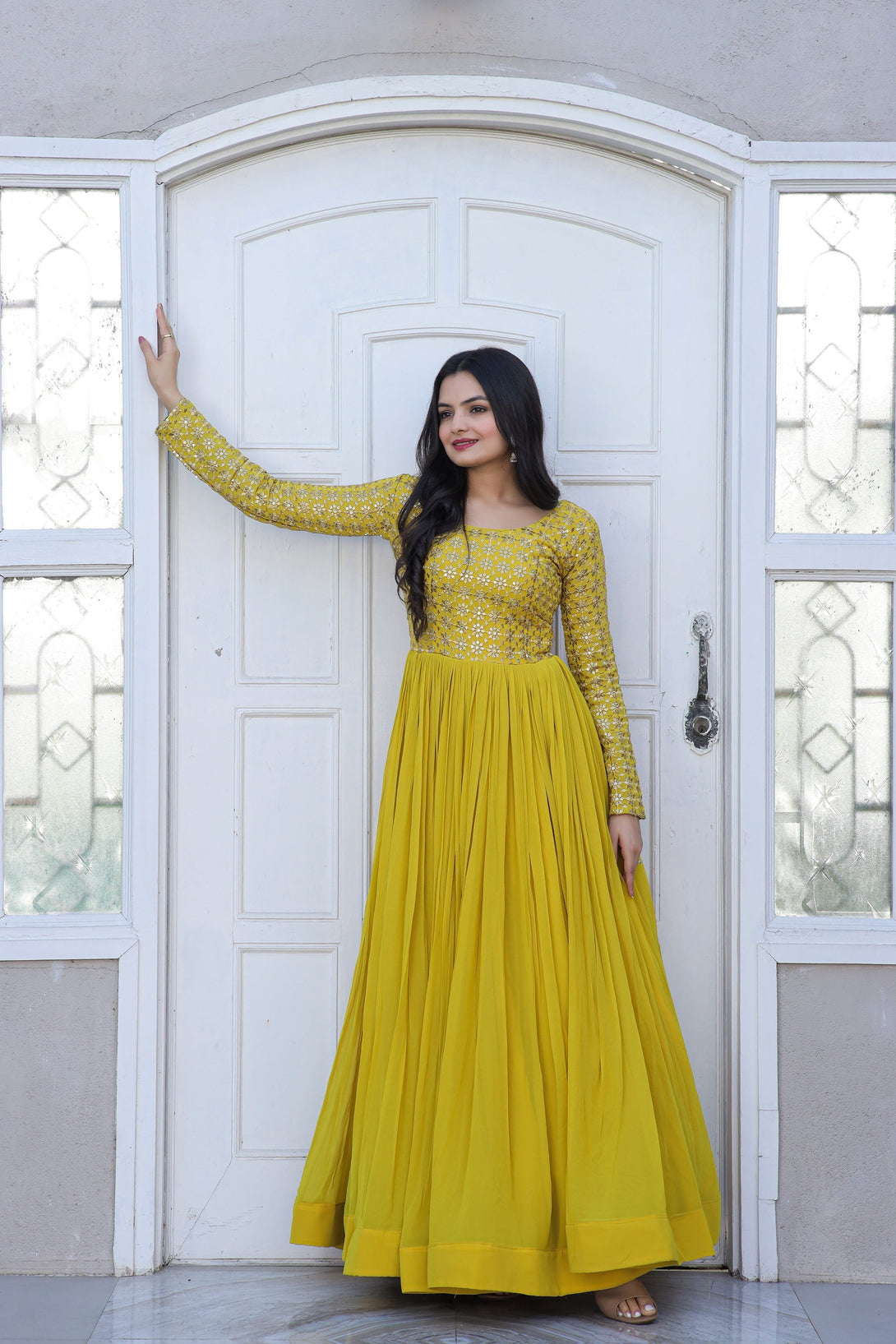 Women's Yellow Sequence Zari Embroidered Faux Blooming Anarkali Dress - Jyoti Fashion