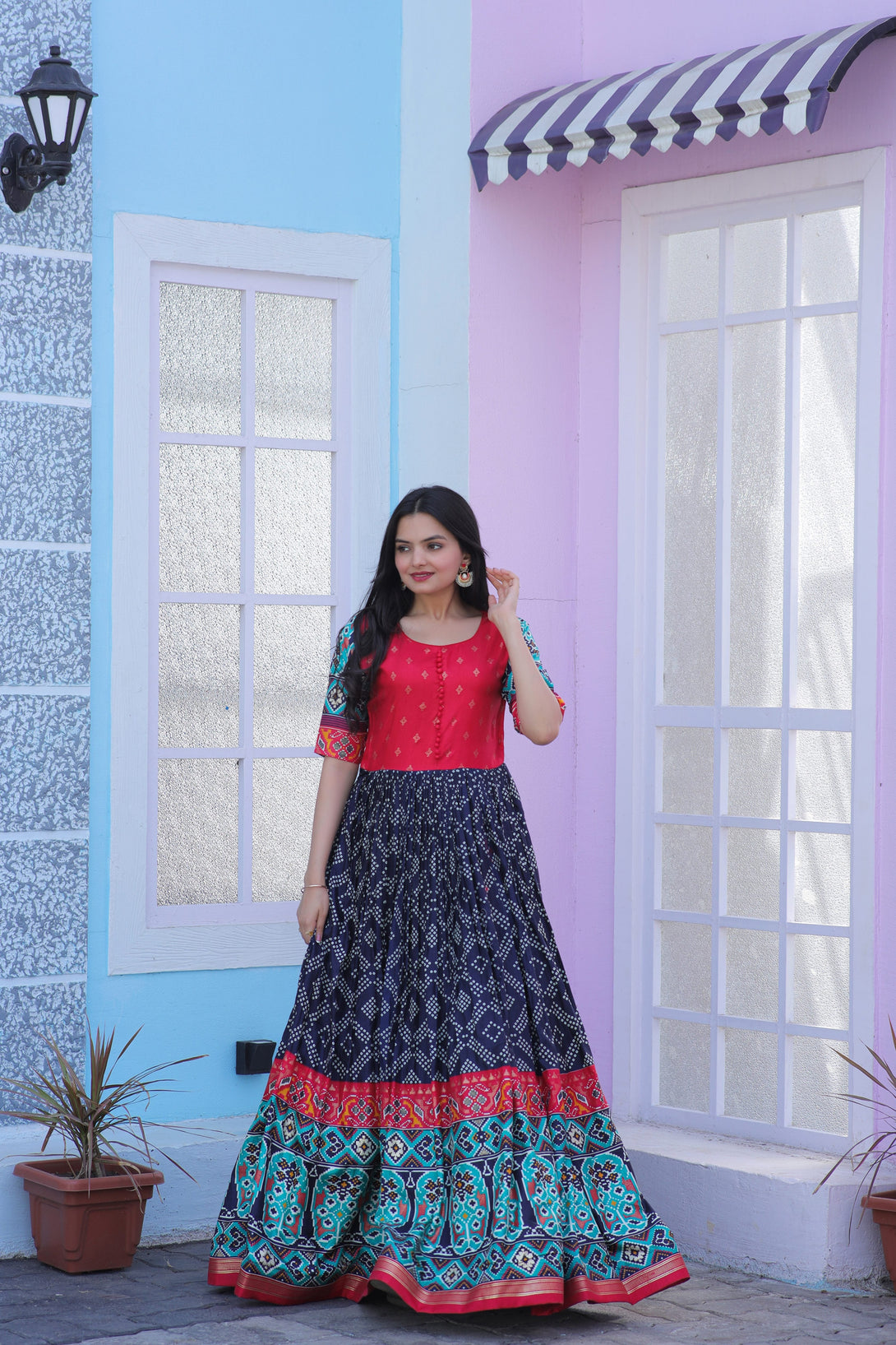 Women's Navy Blue Patola With Foil Print Dola Silk Anarkali Dress - Jyoti Fashion