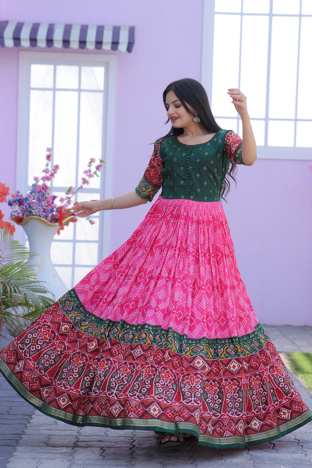 Women's Pink Patola With Foil Print Dola Silk Anarkali Dress - Jyoti Fashion