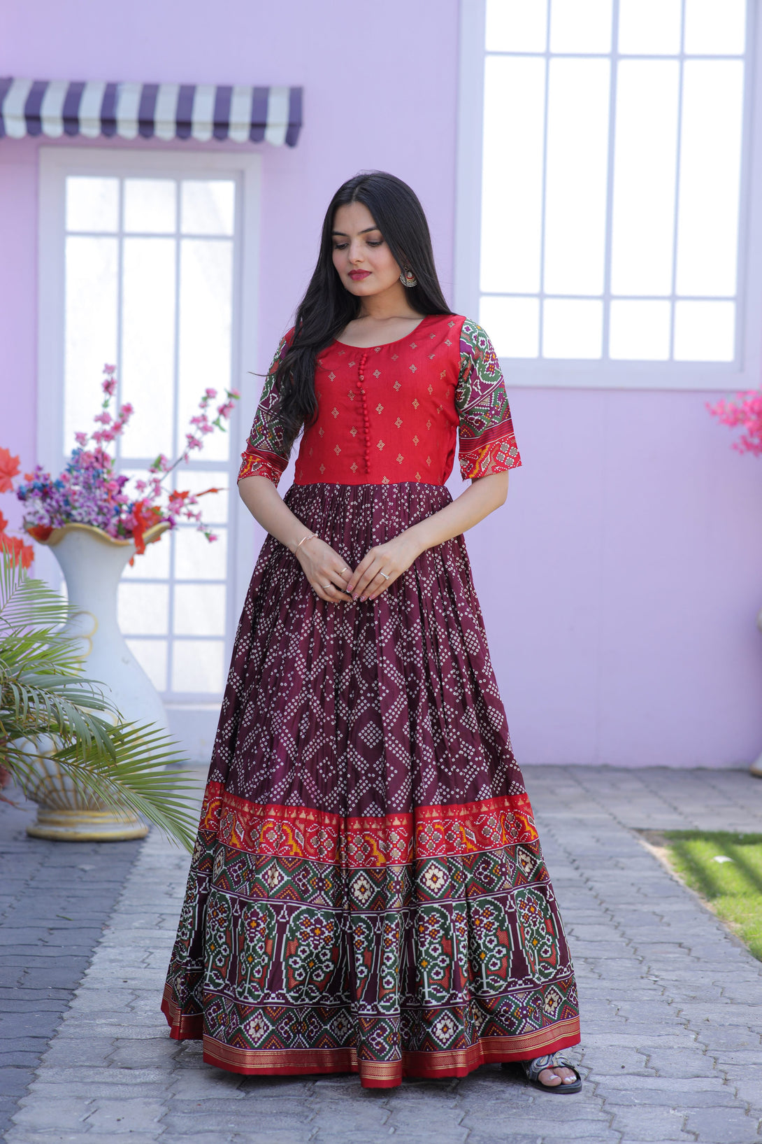 Women's Wine Patola With Foil Print Dola Silk Anarkali Dress - Jyoti Fashion