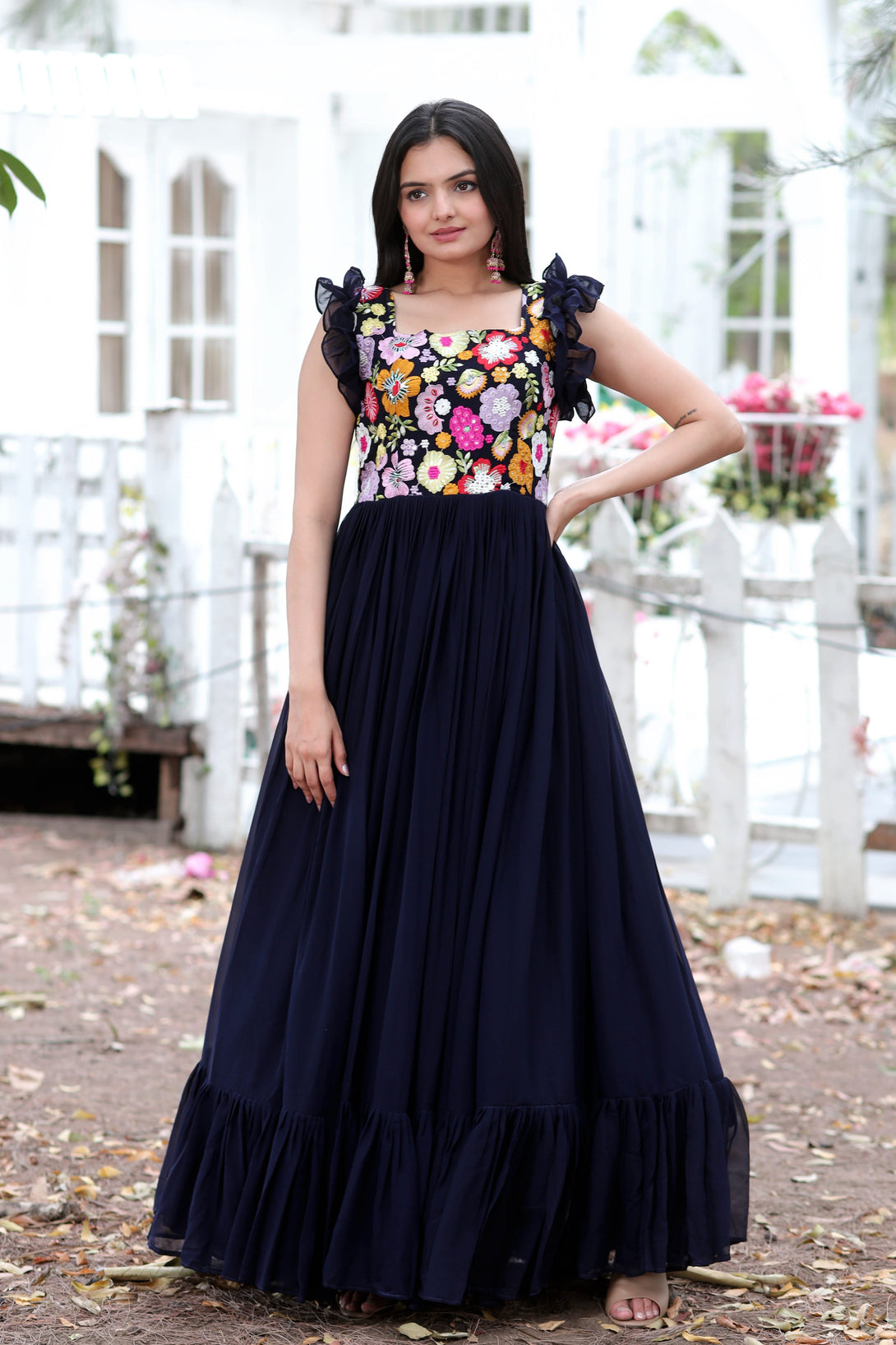 Women's Navy Blue Sequins Thread Embroidery Faux Blooming Anarkali Dress - Jyoti Fashion