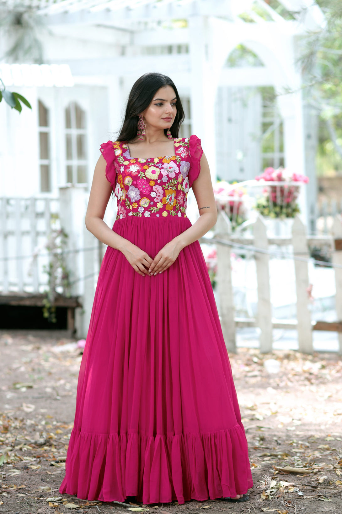 Women's Rani Pink Sequins Thread Embroidery Faux Blooming Anarkali Dress - Jyoti Fashion