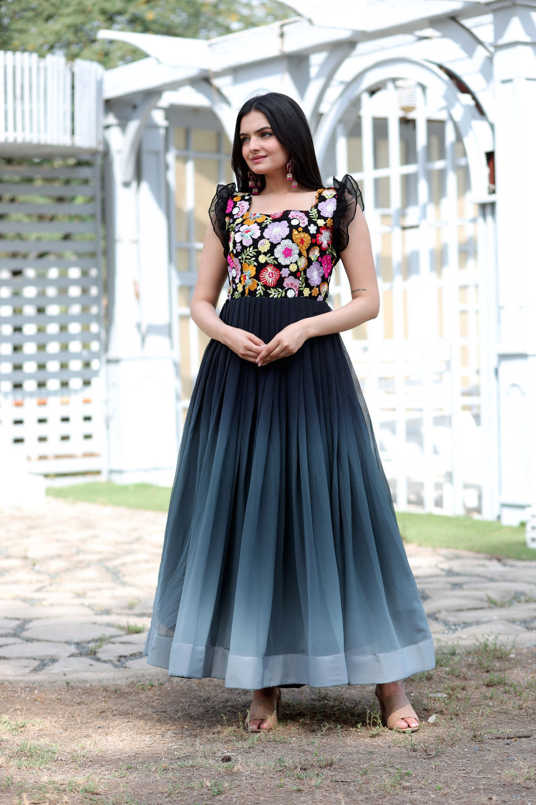 Women's Black Sequins Embroidery Faux Blooming Anarkali Dress - Jyoti Fashion