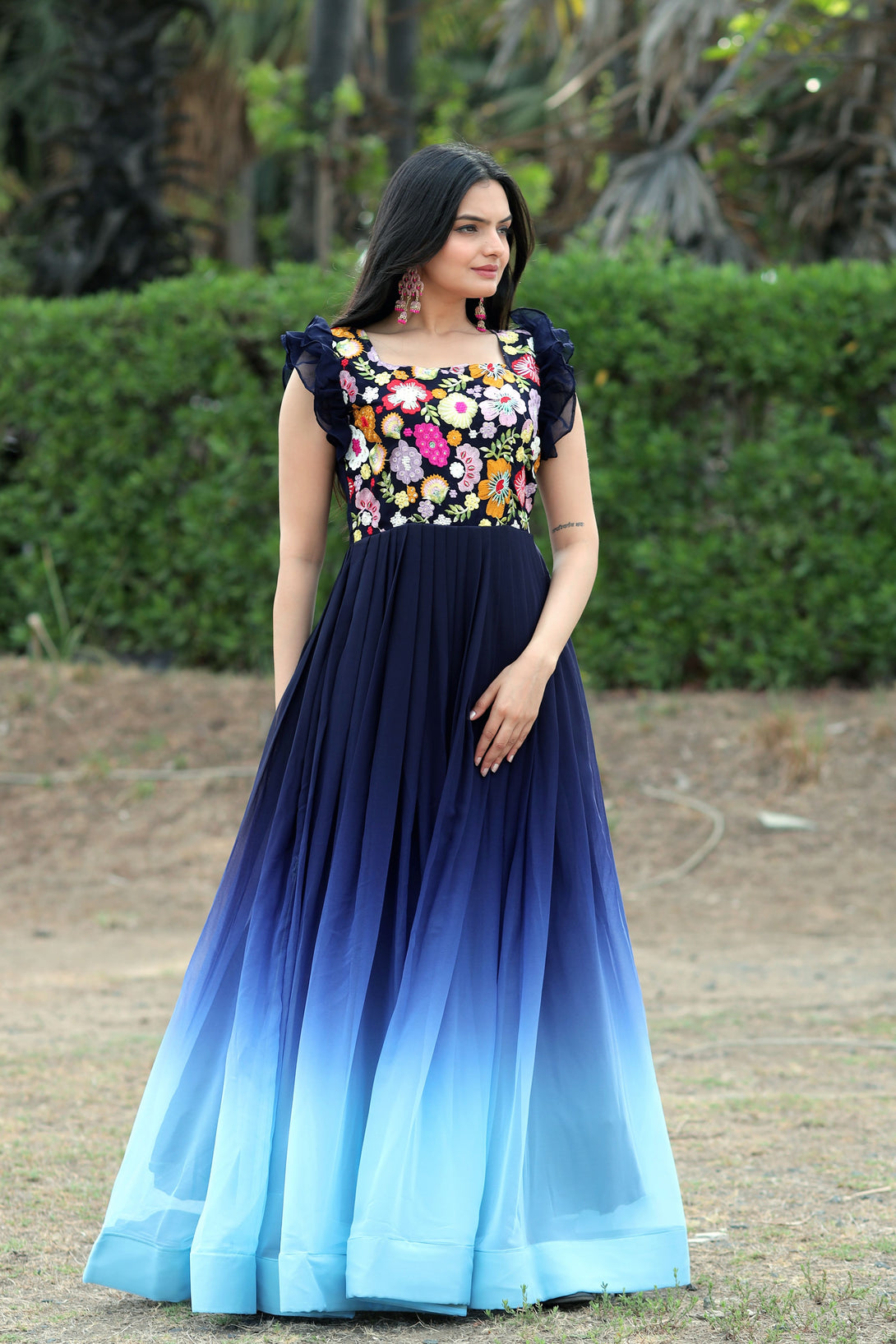 Women's Blue Sequins Embroidery Faux Blooming Anarkali Dress - Jyoti Fashion