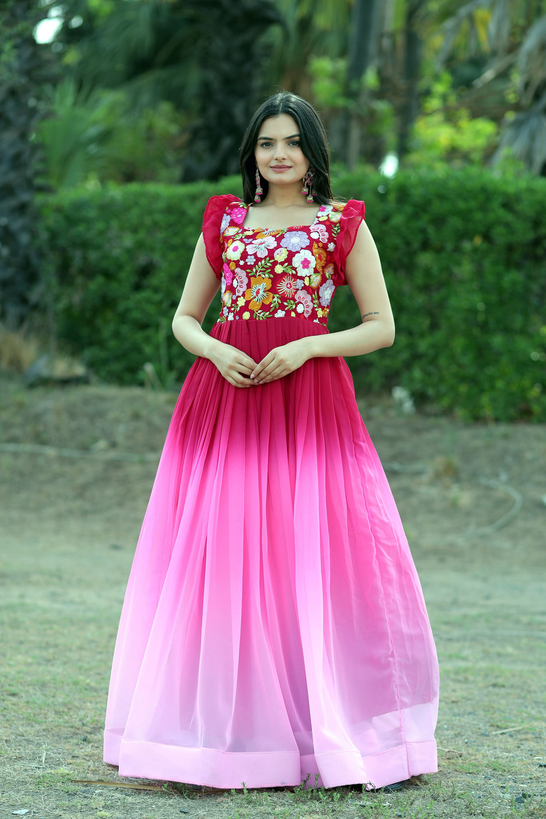 Women's Pink Sequins Embroidery Faux Blooming Anarkali Dress - Jyoti Fashion