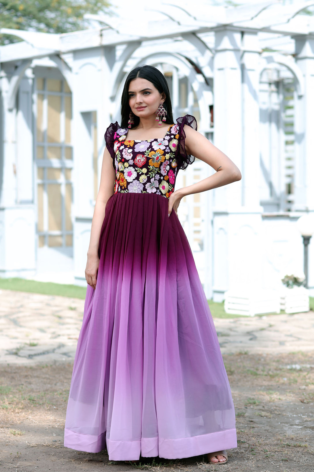 Women's Wine Sequins Embroidery Faux Blooming Anarkali Dress - Jyoti Fashion