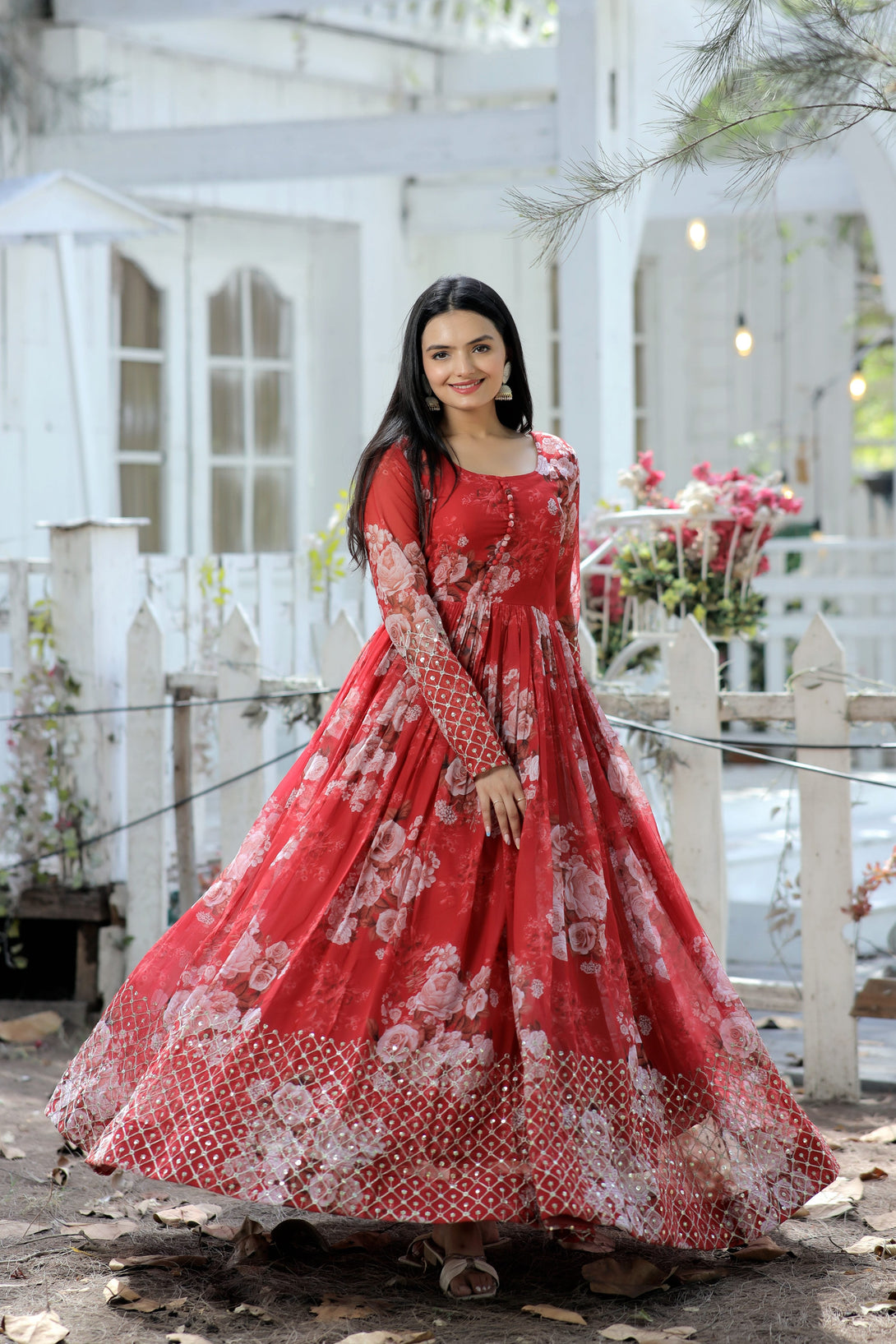 Women's Red Sequence Zari Embroidered Faux Georgette Anarkali Dress - Jyoti Fashion