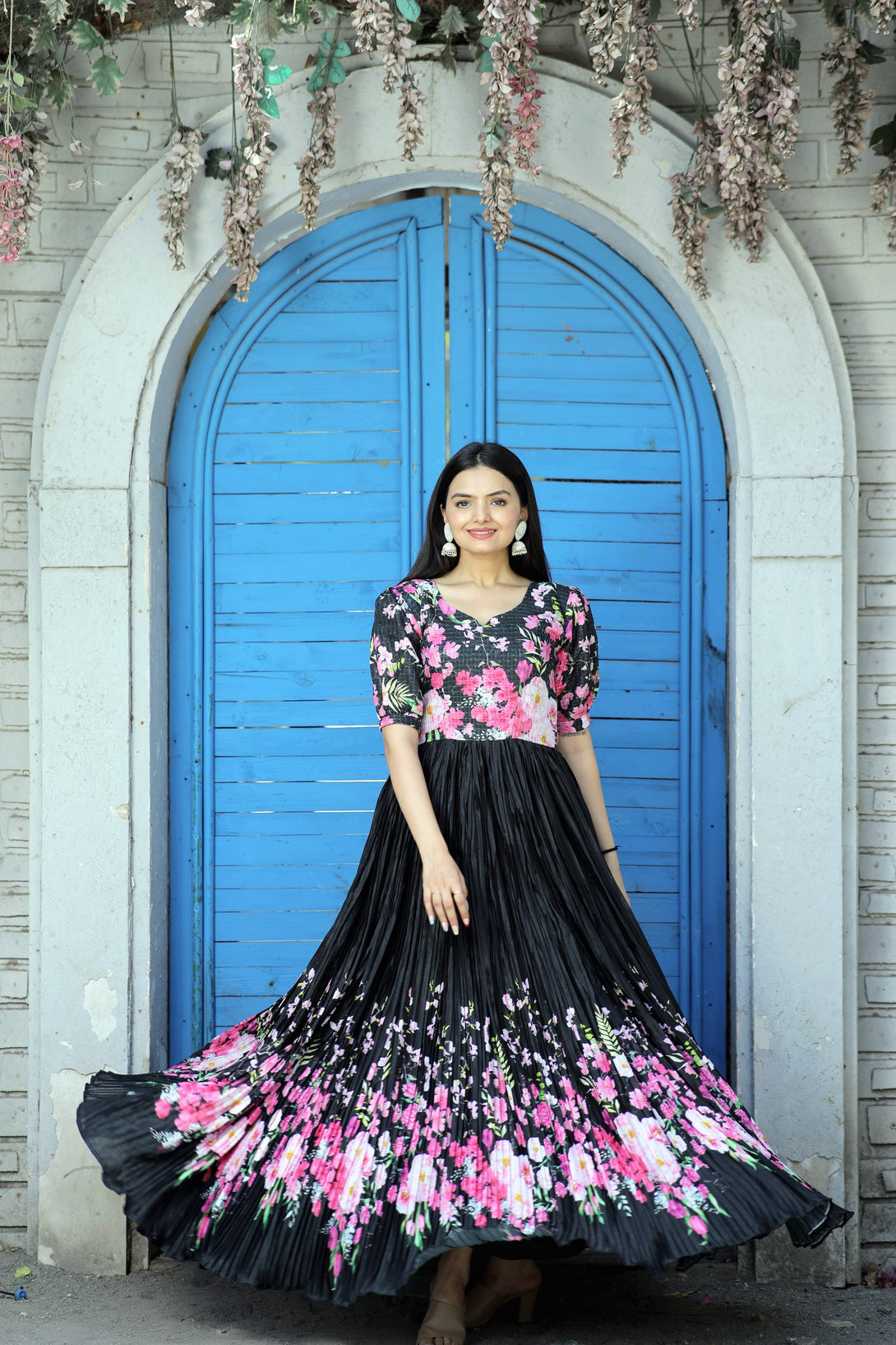 Women's Black Floral Digital Printed Chinon Anarkali Dress - Jyoti Fashion