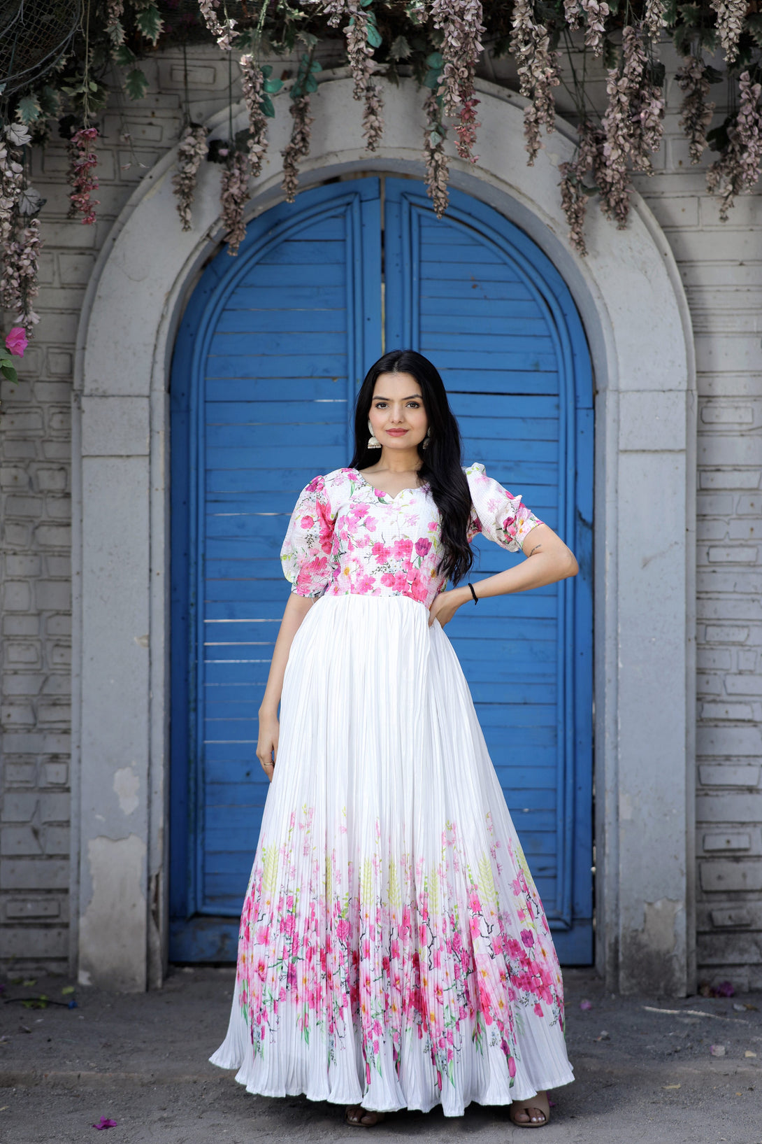 Women's White Floral Digital Printed Chinon Anarkali Dress - Jyoti Fashion