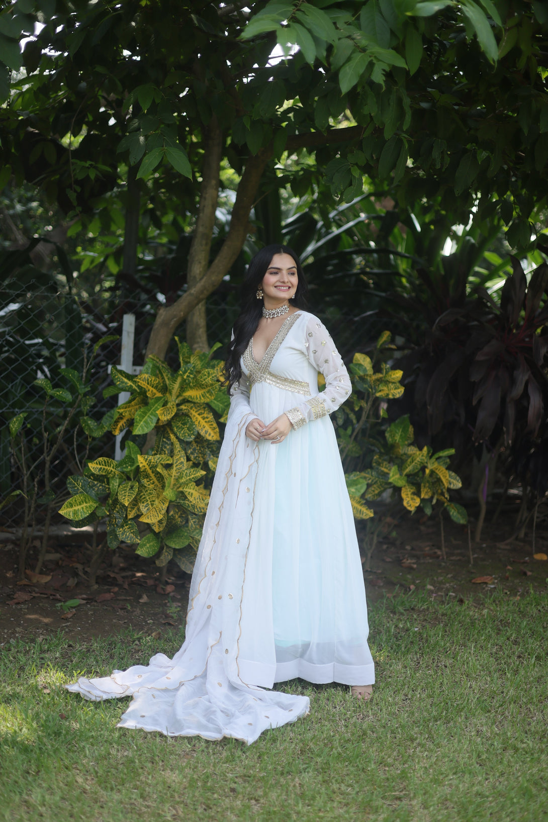 Women's White Faux Blooming Sequins Zari Embroidered Anarkali Gown with Dupatta - Jyoti Fashion