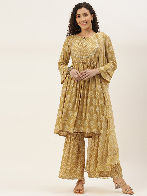 Women's Mustard Color Muslin Foil Printed Kurta Sharara With Dupatta - VAABA