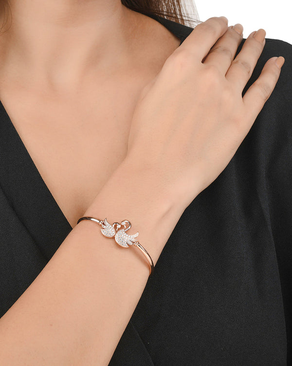 Women's Sparkling Elegance Swans Zircons Adorned Rose Gold Plated Brass Bracelet - Voylla