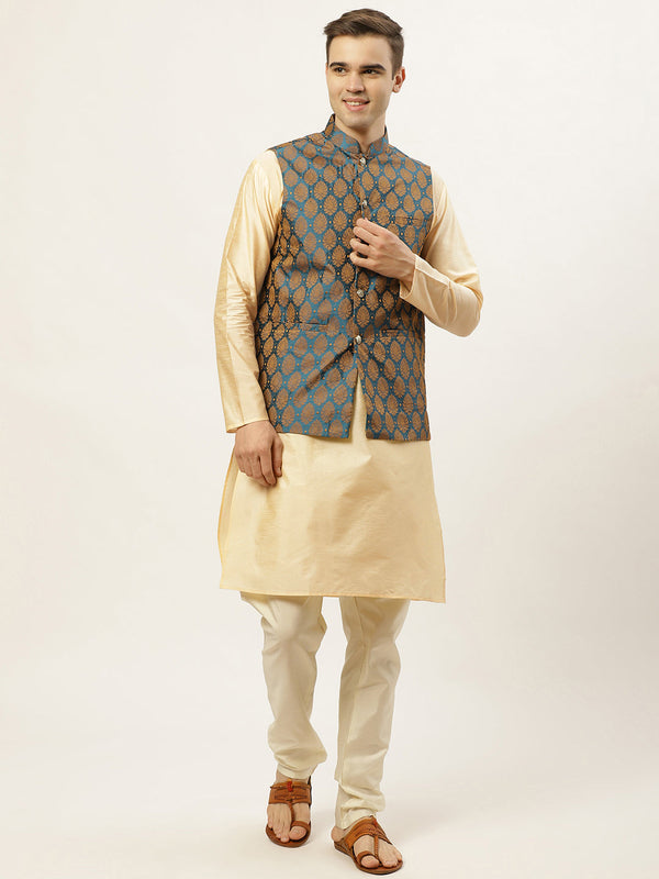 Jashvi Men's Golden Dupion Silk Kurta with Churidar & Nehru Jacket