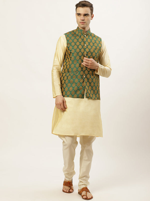 Men's Woven Design Nehru Jacket and Kurta Pyjama Set