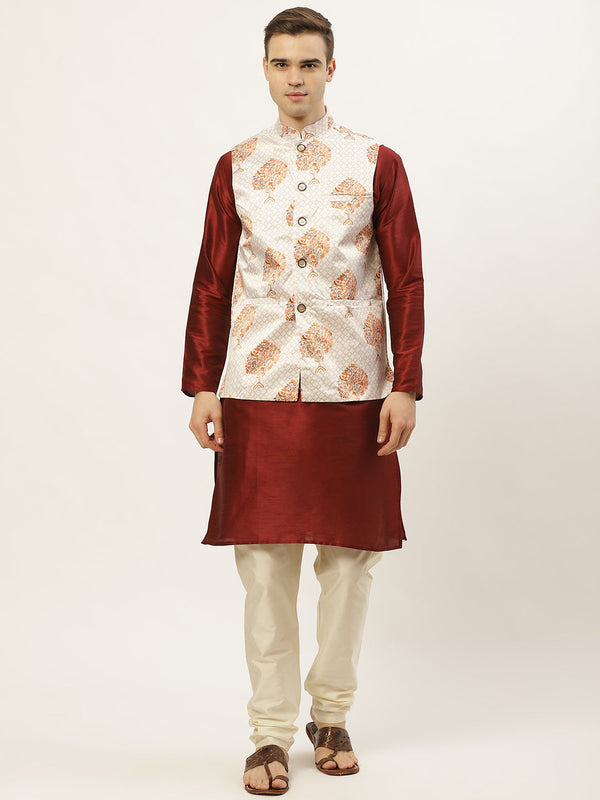 Jashvi Men's Solid Dupion Kurta Pajama with Printed Nehru Jacket