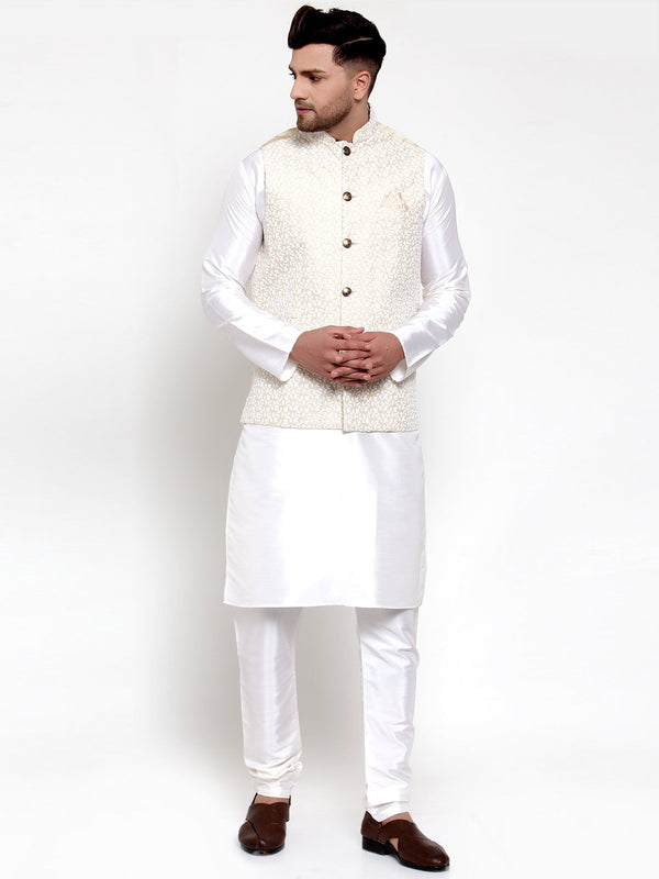 Jashvi Men's Solid Dupion Kurta Pajama with Embroidered Nehru Jacket