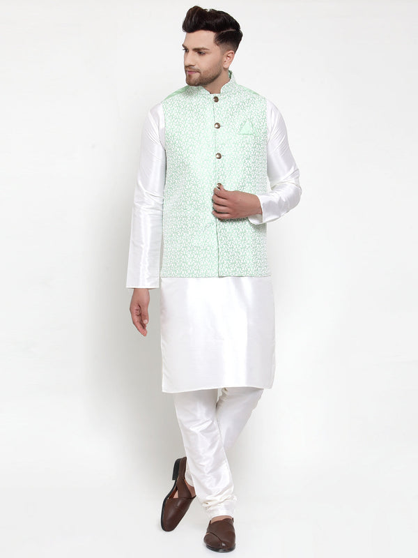 Jashvi Men's Solid Dupion Kurta Pajama with Embroidered Nehru Jacket