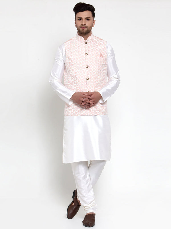 Jashvi Men's Solid Dupion Kurta Pajama with Embroidered Nehru Jacket