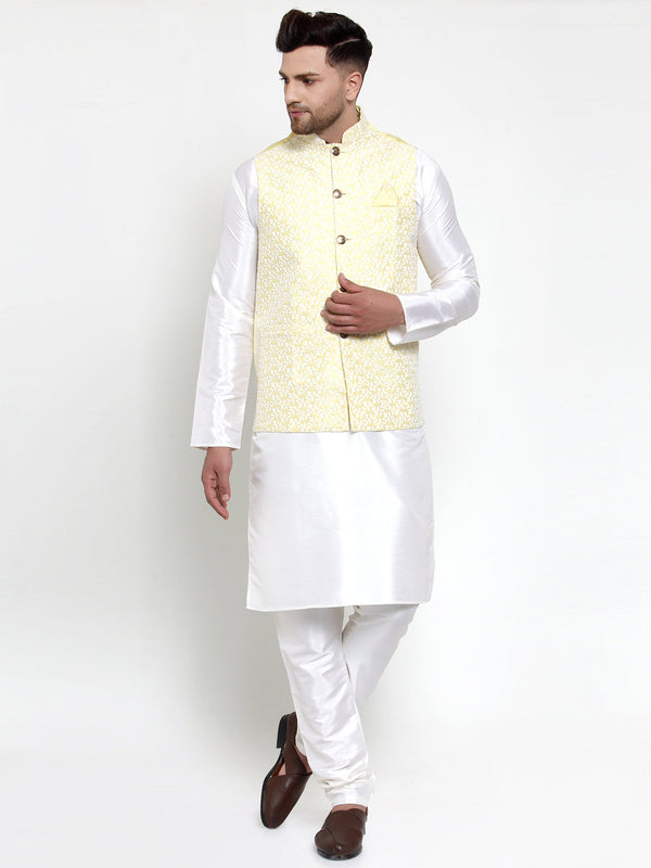 Jashvi Men's Solid Dupion Kurta Pajama with Embroidered Nehru Jacket