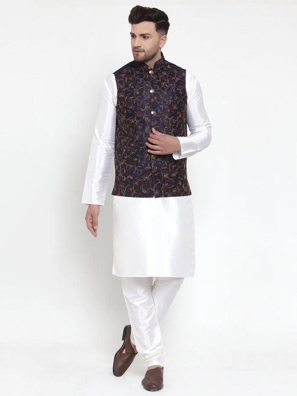 Men's Solid Dupion Kurta Pajama with Woven Nehru Jacket ( JOKPWC OW-D 4013Navy ) - Virat Fashions