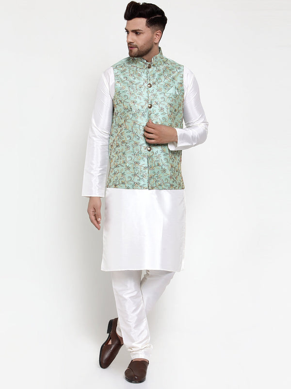 Jashvi Men's Solid Dupion Kurta Pajama with Woven Nehru Jacket