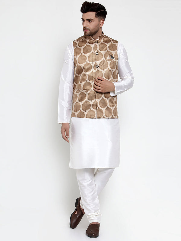 Jashvi Men's Solid Dupion Kurta Pajama with Printed Nehru Jacket